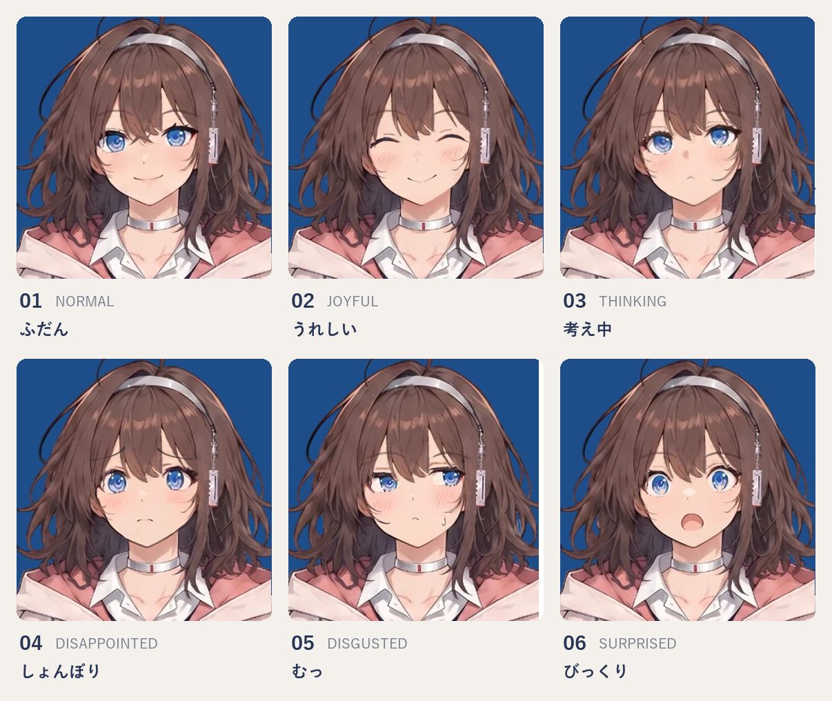 ASKAの6つの表情（ふだん・うれしい・考え中・しょんぼり・むっ・びっくり）