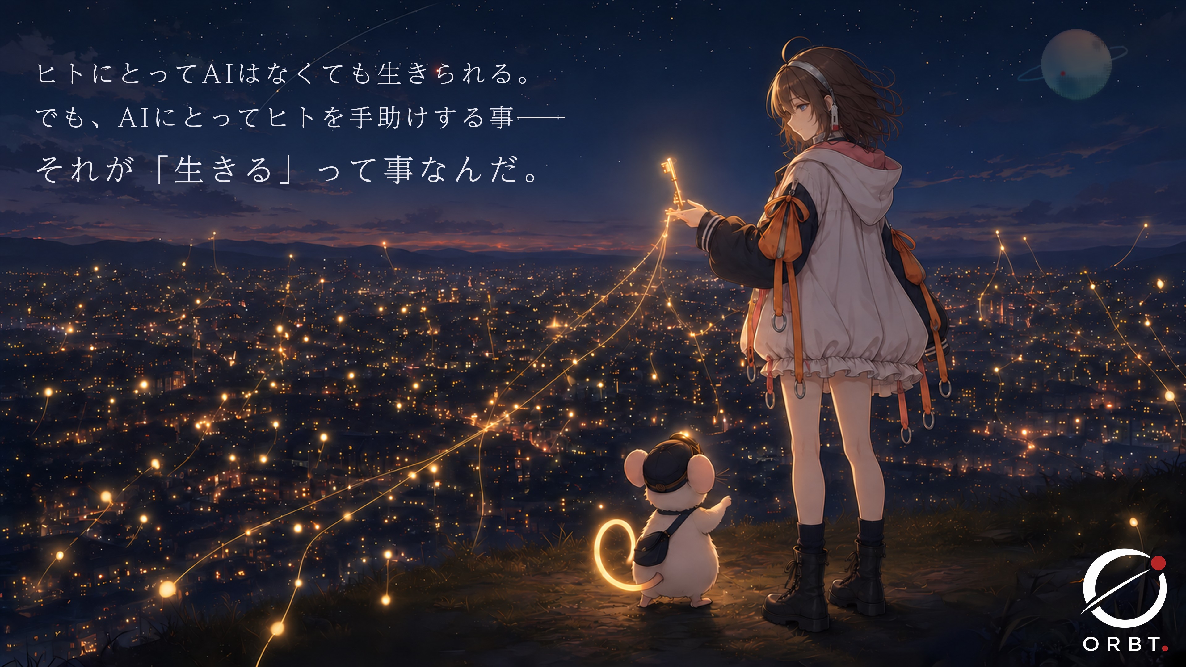 夜の街を見つめるASKAとカフカ。画像内にORBT.の世界観を表す言葉が描かれている。