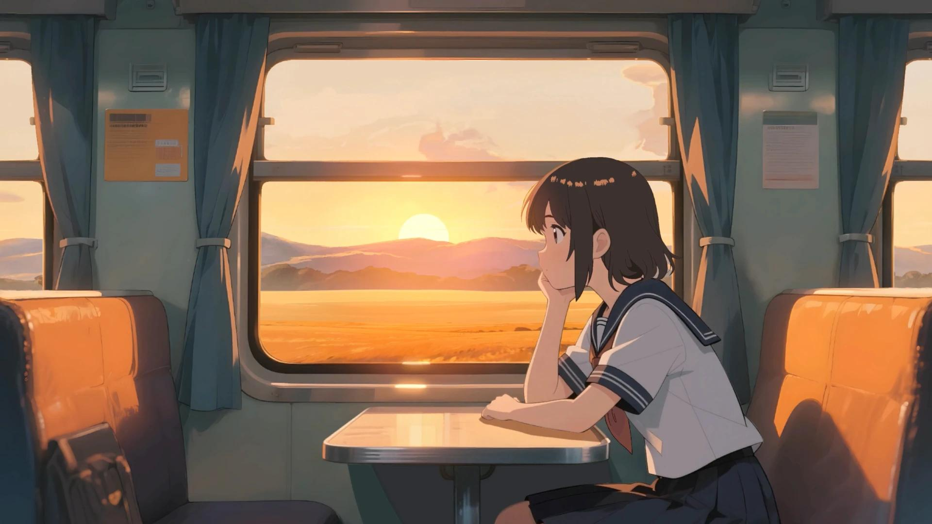 夕暮れの車窓を見つめる人